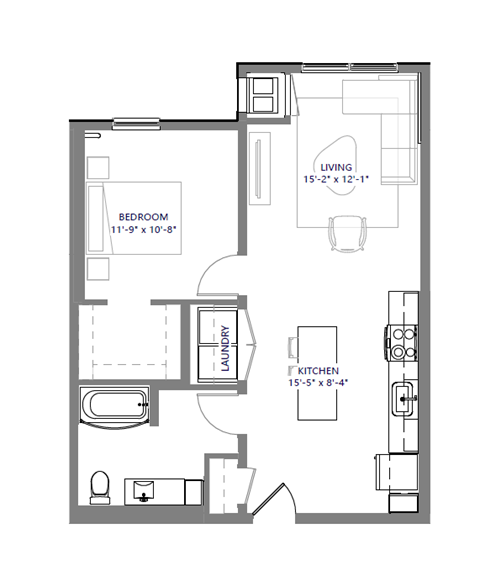 Floor plan for 1 bed, 1 bath, 667 sqft